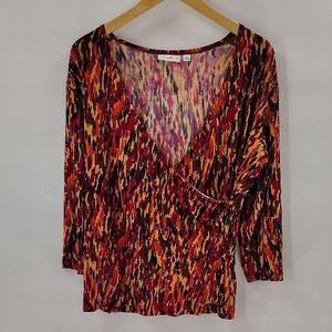 Susan Graver Wrap Blouse Size Large Multicolor Fall Colors Long Sleeve Stretch